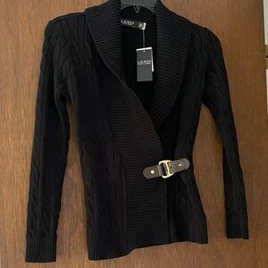 Brand New Polo Ralph Lauren Black Cable Knit Cardigan with Buckle